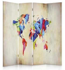 Ozdobný paraván Retro mapa světa - 145x170 cm, štvordielny, klasický paraván