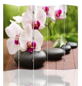 Ozdobný paraván, Orchidej a lesklé kameny - 180x170 cm, päťdielny, klasický paraván
