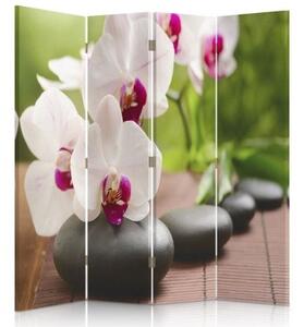 Ozdobný paraván, Orchidej a lesklé kameny - 145x170 cm, štvordielny, klasický paraván