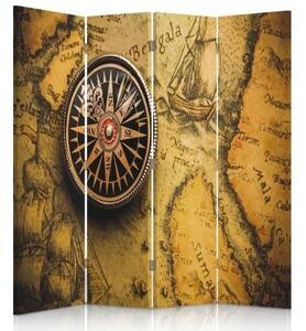 Ozdobný paraván, Kompas na staré mapě - 145x170 cm, štvordielny, klasický paraván
