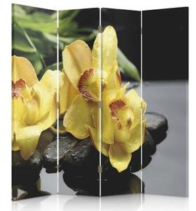 Ozdobný paraván, Žlutá orchidej - 145x170 cm, štvordielny, klasický paraván