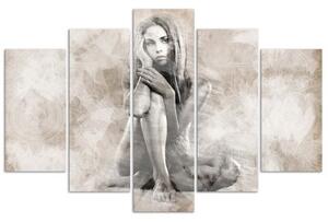 Obraz na plátně pětidílný Ženský nahý béžový - 100x70 cm