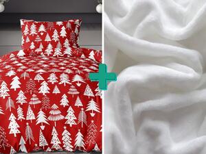 2x flanelové obliečky CHRISTMAS TREES červené + plachta mikroplyš SOFT 180x200 cm biela