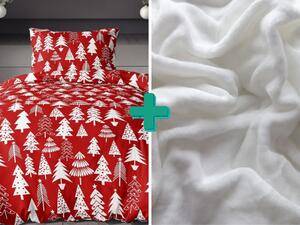Flanelové obliečky CHRISTMAS TREES červené + plachta mikroplyš SOFT 90x200 cm biela