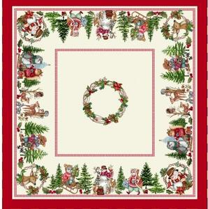 Gobelínový obrus v červeno-béžovom farebnom prevedení s lemovaním a motívom vianočných zvieratiek 100 x 100 cm 31080