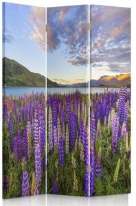 Ozdobný paraván Levandulové jezero Květiny - 110x170 cm, trojdielny, klasický paraván
