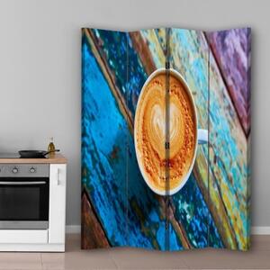 Ozdobný paraván Šálky na kávu Retro Wood - 145x170 cm, štvordielny, klasický paraván