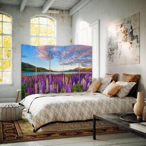 Ozdobný paraván Luční květiny fialové - 180x170 cm, päťdielny, klasický paraván