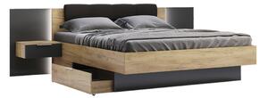 Manželská posteľ LUNA + rošt + matrac BOHEMIA + doska s nočnými stolíkmi, 180x200, dub Kraft/sivá