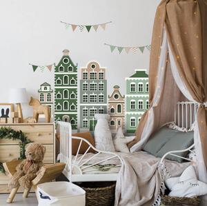 INSPIO-textilná prelepiteľná nálepka - Nálepky na stenu - Domy v zelenom s girlandami