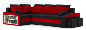 Rozkladacia rohová sedacia súprava s taburetkami a poličkou GRANDE Čierna/červená Ľavá