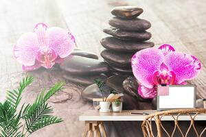 Fototapeta orchidea a Zen kamene na dreve