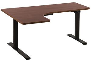 Výškovo nastaviteľný rohový písací stôl tmavé drevo čierny oceľový rám 160 x 110 cm elektrické nastavenie výšky moderná kancelária