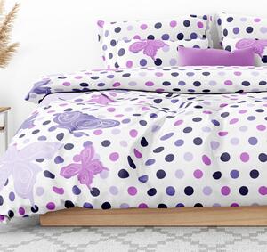 Goldea bavlnené posteľné obliečky - fialove motýle s bodkami 140 x 200 a 70 x 90 cm