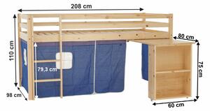 KONDELA Posteľ s PC stolom, borovicové drevo/modrá, 90x200, ALZENA