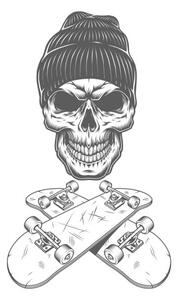 Ilustrácia Vintage monochrome skateboarder skull, dgim-studio