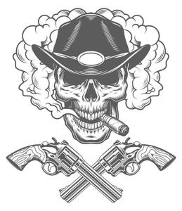 Ilustrácia Skull smoking cigar in sheriff hat, dgim-studio