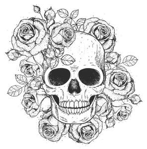 Ilustrácia Skull and flowers hand drawn illustration., vidimages