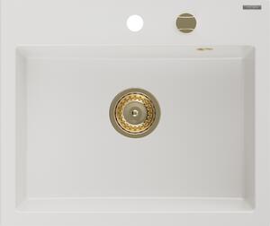 Mexen Oscar žulový kuchynský drez s 1-komorou 580 x 490 mm, biely, zlatý sifón - 6519581000-20-G