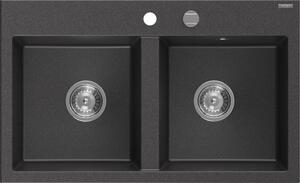 Mexen Hektor, 2-komorový granitový drez 800x480x205 mm, čierna škvrnitá, chrómový sifón, 6521802000-76