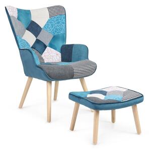 Relaxačné kreslo ušiak LISA + taburet — masív, látka, modrý patchwork