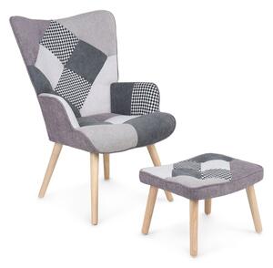 Relaxačné kreslo ušiak LISA + taburet — masív, látka, čiernobiely patchwork