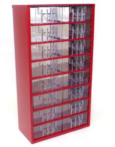 Kovová závesná skrinka so zásuvkami, 16 zásuviek, červená