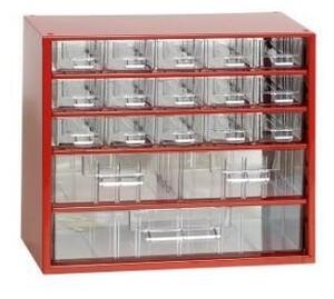 Kovová závesná skrinka so zásuvkami, 18 zásuviek, červená