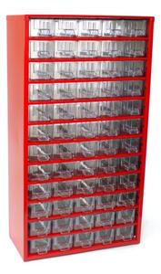 Kovová závesná skrinka so zásuvkami, 60 zásuviek, červená