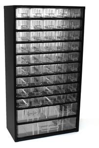 Kovová závesná skrinka so zásuvkami, 48 zásuviek, čierna