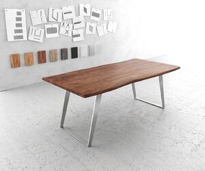 DELIFE Jedálenský stôl Edge 200x100 cm akácia hnedá nerezová oceľ strieborná skosený Live-Edge