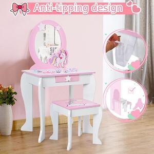 Detský toaletný stolík s taburetkou, odnímateľným zrkadlom, ružový/biely