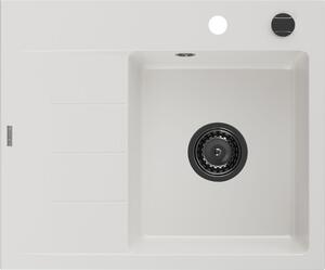 Mexen Ben žulový jednokomorový drez s odkvapkávačom pravý 600 x 500 mm, biely, čierny sifón - 6523605000-20-B