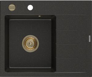 Mexen Ben granitový drez 1-komorový s odkvapkávačom ľavý 600 x 500 mm, čierny/zlatý metalik, sifón zlatý - 6522605000-75-G