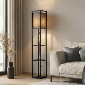Lindby stojacia lampa Birta, čierna, polička, drevo, 159 cm, Čierna, Obývacia izba / jedáleň, Drevo, Moderný