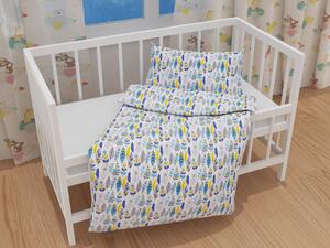 Biante Detské bavlnené posteľné obliečky do postieľky Sandra SA-186 Modro-žlté pierka Do postieľky 90x130 a 40x60 cm