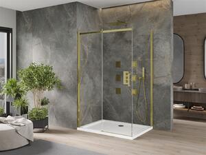 Mexen Omega, sprchovací kút s posuvnými dverami 120 (dvere) x 80 (stena) cm, 8mm číre sklo, zlatý profil + slim sprchová vanička 5cm, 825-120-080-50-00-4010