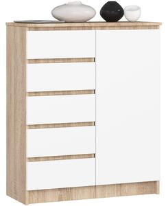 Ak furniture Komoda JERRY 80 cm 1 dvere 5 zásuviek dub sonoma/biela
