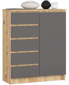 Ak furniture Komoda JERRY 80 cm 1 dvere 5 zásuviek dub artisan/antracitovo šedá