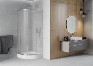 Mexen Rio, štvrťkruhový sprchovací kút s posuvnými dverami 90 x 90 cm + 5mm sklo námraza, chrómový profil + biela vysoká sprchová vanička Rio, 863-090-090-01-30-4710