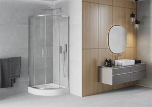 Mexen Rio, štvrťkruhový sprchovací kút s posuvnými dverami 80 x 80 cm, 5mm číre sklo, chrómový profil + biela vysoká sprchová vanička Rio, 863-080-080-01-00-4710