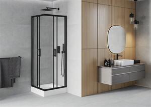 Mexen Rio, štvorcový sprchovací kút s posuvnými dverami 70 (dvere) x 70 (dvere) x 190 cm, 5mm číre sklo námraza, čierny profil + biela sprchová vanička RIO, 860-070-070-70-00-4510