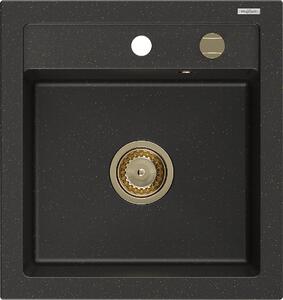 Mexen Vito, granitový drez 520x490x210 mm, 1-komorový, čierna-zlatá metalíza so zlatým sifónom, 6503521000-75-G