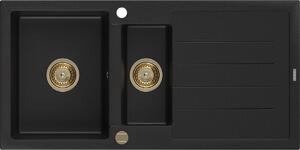 Mexen Andres, granitový drez 1000x500x200 mm, 1,5-komorový, čierna so zlatým sifónom, 6515101510-77-G