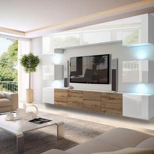Obývacia stena Belini Premium Full Version biely lesk / dub wotan + LED osvetlenie Nexum 45
