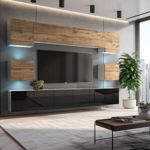 Obývacia stena Belini Premium Full Version dub wotan / čierny lesk + LED osvetlenie Nexum 48