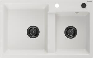 Mexen Tomas, granitový drez 800x500x190 mm, 2-komorový, biela s čiernym sifónom, 6516802000-20-B