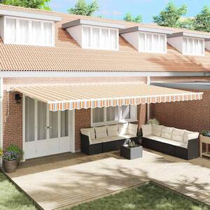 Maison Exclusive – Manuálna markíza, 6 x 3 m, s pruhovaným vzorom v oranžovej, sivej, modrej a bielej farbe
