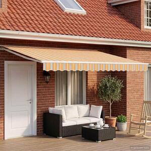 Maison Exclusive – Manuálna markíza, 5 x 3 m, s pruhovaným vzorom v oranžovej, sivej, modrej a bielej farbe