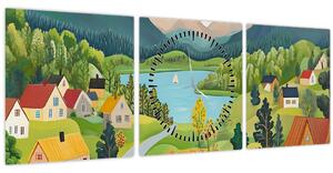 Obraz - Dedina v horách (s hodinami) (90x30 cm)